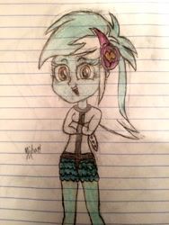 Size: 2448x3264 | Tagged: safe, artist:michaelmaddox222, lyra heartstrings, equestria girls, bondage, clothes, colored, cute, female, lined paper, looking at you, lyrabetes, shorts, signature, smiling, smiling at you, solo, straitjacket, teenager, traditional art