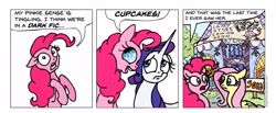 Size: 2642x1092 | Tagged: safe, artist:gingerfoxy, fluttershy, pinkie pie, rarity, pegasus, pony, unicorn, fanfic:cupcakes, pony comic generator, carousel boutique, comic, discord lamp