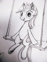 Size: 3000x4000 | Tagged: safe, artist:ponsce, lyra heartstrings, pony, belly, belly button, meme, monochrome, sitting, sitting lyra, solo, swing, traditional art