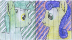 Size: 2415x1356 | Tagged: safe, artist:thevintagepone, bon bon, lyra heartstrings, sweetie drops, pony, :t, lined paper, traditional art