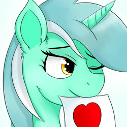 Size: 600x600 | Tagged: safe, artist:dashy21, lyra heartstrings, pony, unicorn, bust, female, heart, mare, mouth hold, one eye closed, portrait, smiling, solo