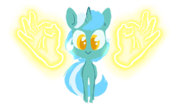 Size: 1280x755 | Tagged: safe, artist:whale, lyra heartstrings, pony, unicorn, :>, cute, ear fluff, female, glow, hand, looking at you, lyra doing lyra things, lyrabetes, magic, magic aura, magic hands, mare, simple background, smiling, solo, transparent background, 👌