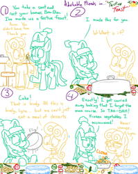 Size: 1280x1611 | Tagged: safe, artist:adorkabletwilightandfriends, bon bon, lyra heartstrings, sweetie drops, earth pony, pony, unicorn, comic:adorkable twilight and friends, adorkable, adorkable friends, bowl, broccoli, cake, carrot, christmas, christmas decoration, clothes, comic, cookie, cupcake, cute, dinner, dork, feast, food, hat, hearth's warming, hearth's warming eve, holiday, humor, lineart, muffin, pea, platter, santa hat, scarf, sweater, throwing, vegetables