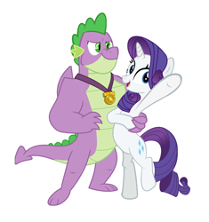 Size: 1104x1176 | Tagged: safe, derpibooru exclusive, edit, editor:proto29, rarity, spike, dragon, pony, unicorn, the last problem, female, gigachad spike, male, older, older spike, shipping, simple background, sparity, straight, white background, winged spike