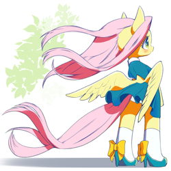 Size: 1900x1900 | Tagged: safe, artist:unousaya, fluttershy, windy (g5), pegasus, pony, semi-anthro, blushing, clothes, cute, dress, female, high heels, mare, shoes, shyabetes, socks, solo, white socks