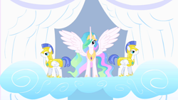 Size: 1280x720 | Tagged: safe, screencap, princess celestia, alicorn, pony, sonic rainboom (episode), royal guard, trio