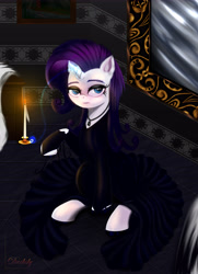 Size: 4550x6300 | Tagged: safe, artist:darksly, rarity, pony, unicorn, black dress, candle, clothes, crossover, dress, eyeshadow, goth, jewelry, looking at you, magic, makeup, morticia addams, pendant, solo, telekinesis, the addams family