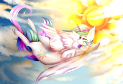 Size: 1280x877 | Tagged: safe, artist:tongza322srms, princess celestia, alicorn, pony, cloud, female, looking at you, mare, on back, sky, smiling, solo, sun