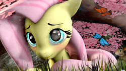 Size: 1920x1080 | Tagged: safe, artist:blackfalcon8, fluttershy, butterfly, pegasus, pony, rabbit, 3d, blushing, cute, forest, poster, rock, shyabetes, solo, source filmmaker