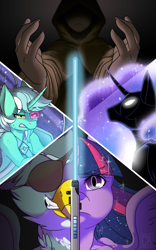 Size: 1600x2560 | Tagged: safe, artist:curiouskeys, lyra heartstrings, nightmare moon, twilight sparkle, twilight sparkle (alicorn), oc, alicorn, griffon, human, alternate costumes, alternate universe, crossover, eyepatch, fanfic, fanfic art, fanfic cover, lightsaber, star wars, weapon