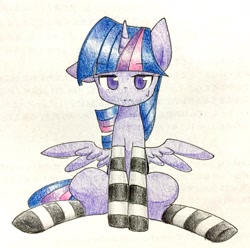 Size: 1280x1271 | Tagged: safe, artist:yukimaki, derpibooru import, twilight sparkle, twilight sparkle (alicorn), alicorn, pony, clothes, female, mare, socks, solo, striped socks, sweatdrop, traditional art