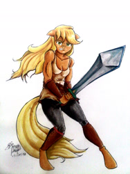 Size: 1536x2048 | Tagged: safe, artist:mannybcadavera, applejack, anthro, clothes, floppy ears, gritted teeth, looking at you, loose hair, muscles, pants, solo, sword, tanktop, weapon