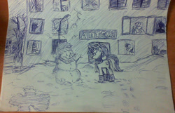 Size: 1280x824 | Tagged: safe, artist:taika403, bon bon, lyra heartstrings, sweetie drops, twilight sparkle, oc, human, clothes, cyrillic, monochrome, night, pharmacy, russian, snow, snow angel, snowman, street lamp, traditional art, tree, winter