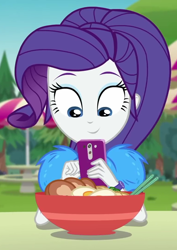 Size: 764x1080 | Tagged: safe, screencap, rarity, better together, choose your own ending, equestria girls, lost and pound, lost and pound: spike, beautiful, cellphone, chopsticks, cropped, cute, female, food, geode of shielding, magical geodes, noodle bowl, noodles, outdoors, phone, pretty, raribetes, smartphone, solo, table, taking a photo, umbrella