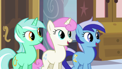 Size: 1280x720 | Tagged: safe, screencap, lyra heartstrings, minuette, twinkleshine, pony, unicorn, a canterlot wedding, door, female, mare, open mouth, smiling, trio