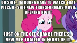 Size: 610x343 | Tagged: safe, edit, edited screencap, screencap, pinkie pie, rarity, equestria girls, my little pony: the movie, brony, clash of hasbro's titans, image macro, in-universe pegasister, meme, pegasister, transformers, transformers: the last knight