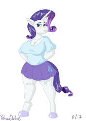 Size: 800x1131 | Tagged: safe, artist:professordoctorc, rarity, anthro, unguligrade anthro, series:r is for rarity, breasts, clothes, pleated skirt, raritits, simple background, skirt, white background