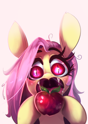 Size: 948x1330 | Tagged: safe, artist:sourspot, artist:tangomangoes, fluttershy, bat pony, pony, collaboration, adoracreepy, apple, creepy, cute, drool, fangs, female, flutterbat, food, mare, maw, mawshot, open mouth, race swap, shyabetes, slit eyes, solo