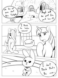 Size: 750x1000 | Tagged: safe, artist:freckles, derpibooru import, angel bunny, fluttershy, twilight sparkle, pegasus, pony, comic:fluffing up, comic, monochrome