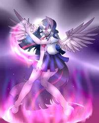 Size: 1300x1620 | Tagged: safe, artist:loure201, derpibooru import, twilight sparkle, twilight sparkle (alicorn), alicorn, anthro, clothes, school uniform, solo, super saiyan princess