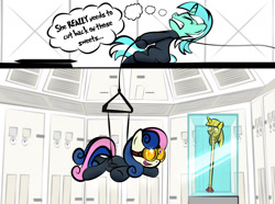 Size: 1425x1058 | Tagged: safe, artist:dan232323, bon bon, lyra heartstrings, sweetie drops, earth pony, pony, unicorn, bodysuit, catsuit, crossover, female, goggles, harness, mare, mission impossible, parody, scene parody, scepter, secret agent sweetie drops, spy, suspended, tack, thought bubble, twilight scepter