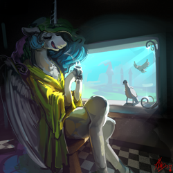 Size: 4000x4000 | Tagged: safe, artist:alumx, princess celestia, alicorn, bird, dove, pony, clothes, crossed hooves, female, mare, morning ponies, robe, solo, window