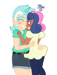 Size: 768x1024 | Tagged: safe, artist:house-of-muses12, bon bon, lyra heartstrings, sweetie drops, human, belt, blushing, clothes, dark skin, dress, elf ears, eyes closed, female, horned humanization, hug, humanized, jeans, lesbian, lyrabon, pants, shipping, shorts, simple background, transparent background