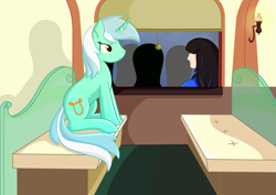 Size: 4091x2891 | Tagged: safe, artist:dyonys, lyra heartstrings, human, pony, unicorn, sitting, train