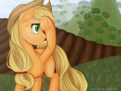 Size: 1280x960 | Tagged: safe, artist:aisuroma, applejack, earth pony, pony, solo, sweat, underhoof