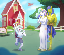 Size: 2046x1736 | Tagged: safe, artist:feellikeaplat, princess celestia, oc, oc:beacon, oc:rally flag, alicorn, anthro, pegasus, plantigrade anthro, unicorn, anthro oc, canon x oc, commission, family, feet, female, flag pole, hammer, male, mare, offspring, parent:oc:rally flag, parent:princess celestia, parents:canon x oc, parents:rallylestia, ponyville, ponyville schoolhouse, rallylestia, royal guard, sandals, shipping, stallion, straight, toes, tree