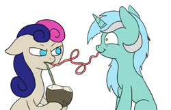 Size: 900x579 | Tagged: safe, artist:slamjam, bon bon, lyra heartstrings, sweetie drops, earth pony, pony, unicorn, /mlp/, :t, annoyed, bon bon is not amused, coconut, coconut cup, crazy straw, drinking straw, drinking through a straw, female, floppy ears, food, frown, glare, hoof hold, mare, puffy cheeks, simple background, sipping, straw, unamused, wat, white background, wide eyes