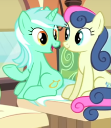 Size: 545x627 | Tagged: safe, screencap, bon bon, lyra heartstrings, sweetie drops, pony, rarity's biggest fan, cropped, ponies sitting next to each other, sitting