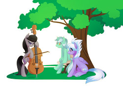 Size: 1280x931 | Tagged: safe, artist:zaphy1415926, cloudchaser, lyra heartstrings, octavia melody, earth pony, pegasus, pony, unicorn, cello, commission, cutie mark, eyes closed, female, mare, musical instrument, performance, seat, simple background, sitting, smiling, solo, transparent background, tree