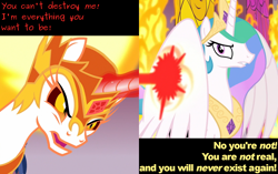 Size: 1440x906 | Tagged: safe, edit, edited screencap, screencap, daybreaker, princess celestia, alicorn, pony, a royal problem, angry, canterlot castle, caption, cropped, dream, fight, fire, folded wings, glare, gritted teeth, laser, magic, stained glass, sun, text, throne room, wings