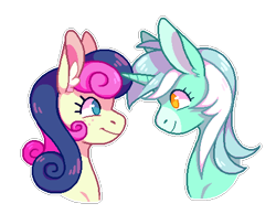 Size: 470x365 | Tagged: safe, artist:horsepaws, bon bon, lyra heartstrings, sweetie drops, earth pony, pony, unicorn, bust, ear fluff, female, lesbian, lyrabon, mare, portrait, shipping, simple background, transparent background