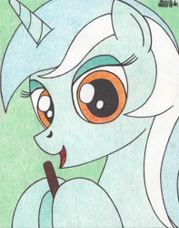 Size: 1636x2081 | Tagged: safe, artist:aracage, lyra heartstrings, unicorn, bust, female, food, hoof hold, mare, pocky, portrait, solo, traditional art