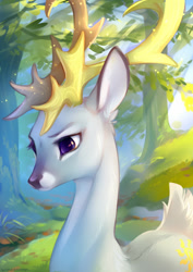 Size: 1060x1500 | Tagged: safe, artist:tomatocoup, princess celestia, deer, antlers, butt fluff, colored pupils, crepuscular rays, cute, cutelestia, deerified, doe, ear fluff, female, fluffy, forest, nature, neck fluff, shoulder fluff, solo, species swap, tail fluff