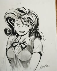 Size: 1368x1710 | Tagged: safe, artist:light-of-inirida, rarity, equestria girls, breasts, bust, clothes, monochrome, portrait, school uniform, signature, sketch, solo, traditional art