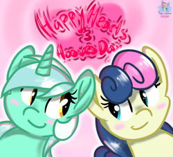 Size: 1128x1026 | Tagged: safe, artist:rainbow eevee, bon bon, lyra heartstrings, sweetie drops, earth pony, pony, unicorn, adorabon, blushing, cute, female, happy hearts and hooves day, hearts and hooves day, holiday, lesbian, looking at each other, lyrabetes, lyrabon, mare, shipping, smiling, valentine's day