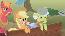 Size: 1280x720 | Tagged: safe, screencap, applejack, big macintosh, granny smith, earth pony, pony, swarm of the century, angry, flyswatter, helmet, male, mouth hold, pesticide, pitchfork, stallion, trio, wagon