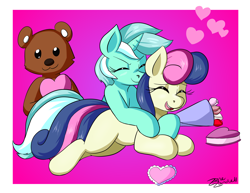 Size: 3850x2975 | Tagged: safe, artist:zanezandell, bon bon, lyra heartstrings, sweetie drops, earth pony, pony, unicorn, cuddling, eyes closed, female, heart, holiday, lesbian, lyrabon, mare, present, shipping, smiling, snuggling, teddy bear, valentine, valentine's day