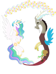 Size: 1500x1995 | Tagged: safe, artist:mr100dragon100, discord, princess celestia, alicorn, pony, clothes, design, dislestia, female, male, shipping, shirt, straight, t-shirt