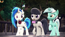 Size: 3840x2160 | Tagged: safe, artist:loveslove, dj pon-3, lyra heartstrings, octavia melody, vinyl scratch, earth pony, pony, 3d, bowtie, headphones, relaxed, source filmmaker, stroller, tongue out, tree