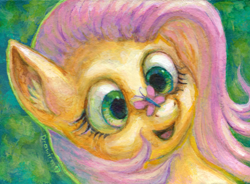 Size: 600x442 | Tagged: safe, artist:drawirm, fluttershy, butterfly, pegasus, pony, acrylic painting, bust, ear fluff, insect on nose, looking at something, open mouth, portrait, smiling, solo, traditional art