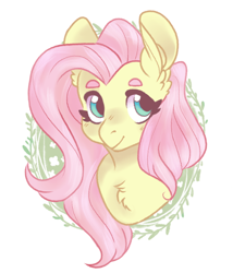 Size: 600x700 | Tagged: safe, artist:creatiivetrash, fluttershy, pegasus, pony, bust, chest fluff, eyebrows, looking at you, looking sideways, portrait, smiling, solo