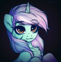 Size: 1912x1971 | Tagged: safe, artist:shenki, lyra heartstrings, pony, unicorn, :3, chest fluff, female, mare, signature, solo