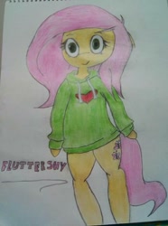 Size: 704x944 | Tagged: artist needed, source needed, safe, fluttershy, anthro, clothes, hoodie, solo, traditional art