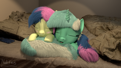 Size: 1920x1080 | Tagged: safe, artist:nebulafactory, lyra heartstrings, pony, 3d, bed, blender, blushing, cute, fluffy, irl, photo, ponies in real life, sleeping