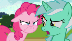 Size: 960x540 | Tagged: safe, edit, edited screencap, editor:lolledits, screencap, lyra heartstrings, pinkie pie, earth pony, pony, unicorn, rock solid friendship, angry, animated, female, floppy ears, gif, literal face off, mare, no face, not salmon, scared, unexpected, wat