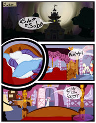 Size: 3500x4500 | Tagged: safe, artist:becauseimpink, elusive, rarity, silver bell, sweetie belle, pony, unicorn, comic:transition, bed, colt, comic, crying, dialogue, female, full moon, male, male pov, mannequin, moon, night, offscreen character, pillow, pov, rule 63, stallion, transgender